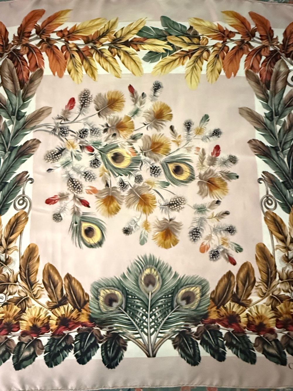 Christian Dior Scarf. Feather & Peacock Motif. Silk. Cream, Green, Gold, Brown